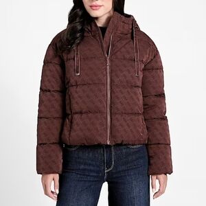 Guess Cropped Quilted Monogram Puffer Jacket in Deep Brown
